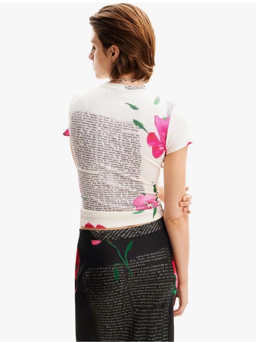 Desigual Floral Newspaper T-Shirt Short Sleeve Size L NWOT - Picture 4 of 16